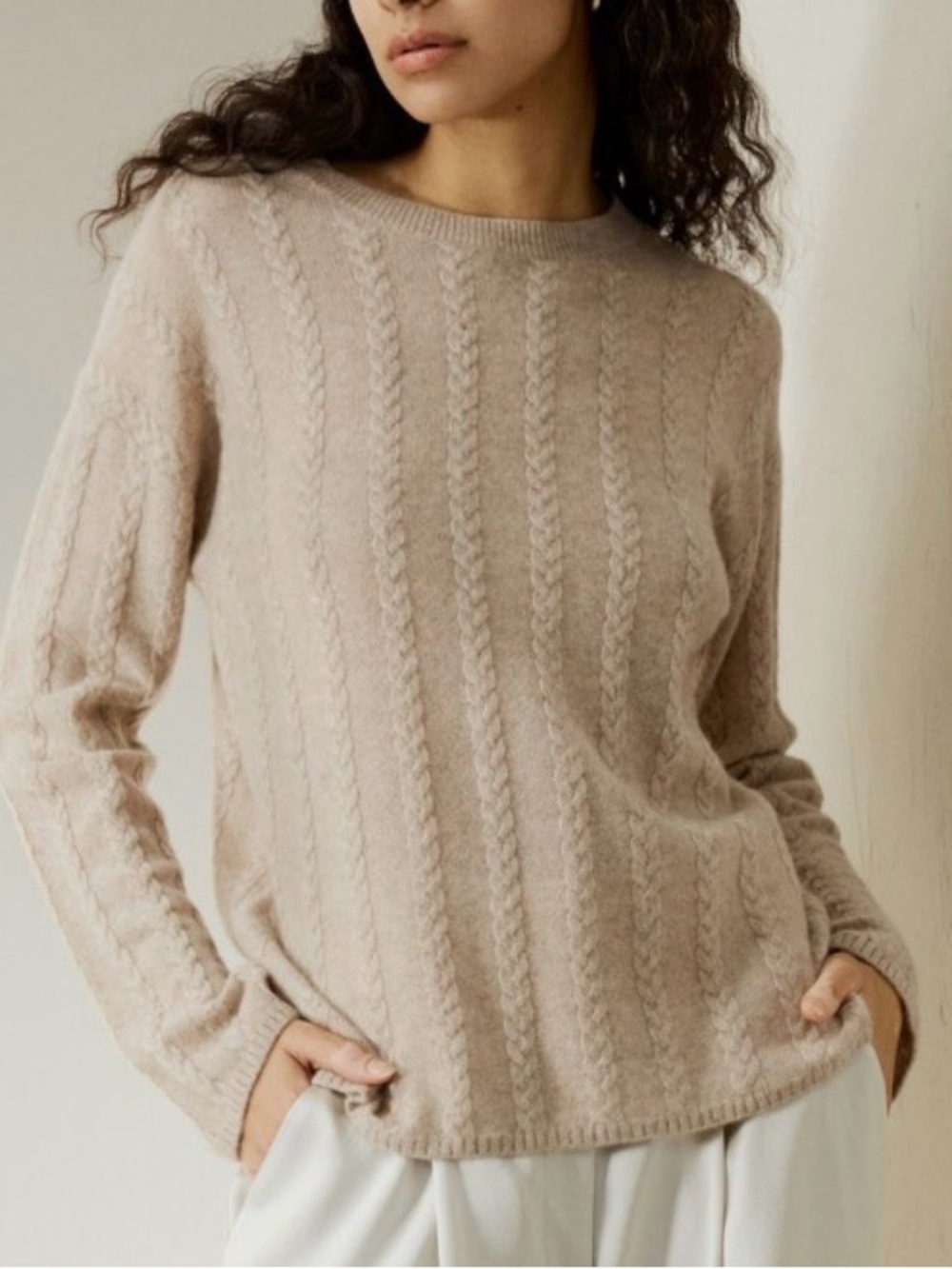 Lilysilk 100% cashmere cosy Beige Cable-Knit Crewneck Sweater large
